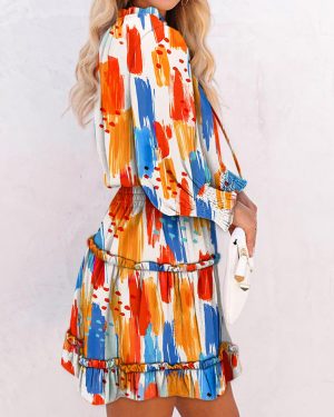 Spring Dresses for 2025 Boho Floral Drawstring V Neck Smocked Long Sleeve Ruffle Tiered Chiffon Mini Short Dress