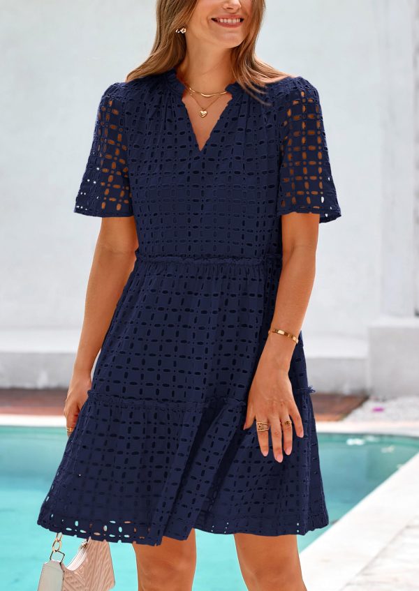 Summer Dresses for Women 2025 V Neck Hollow Out Eyelet Ruffle A Line Swing Short Beach Vacation Dress