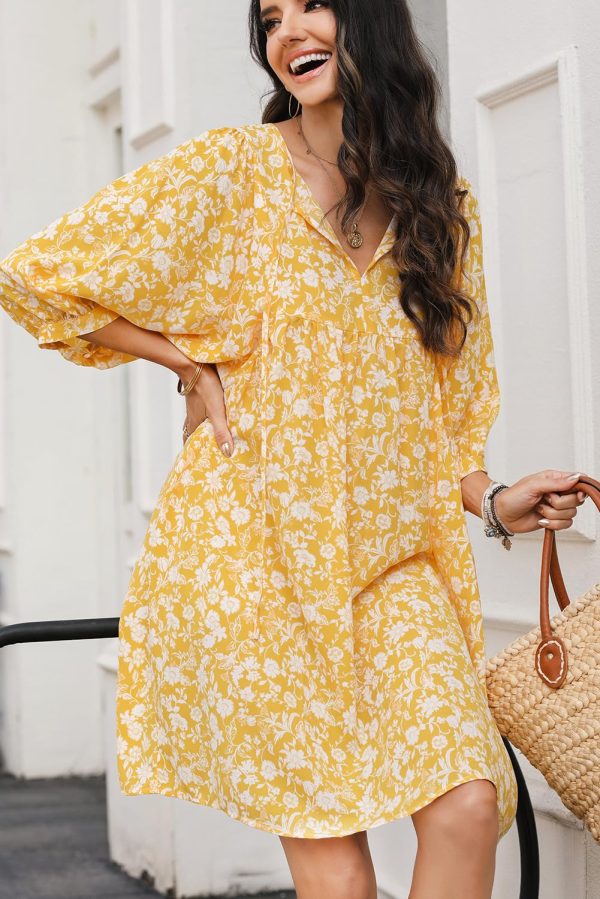 Womens Summer Dresses 2025 Boho Floral Drawstring V Neck Chiffon Lantern Sleeve Beach Vacation Mini Dress Sundress