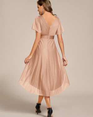 Women's Elegant V Neck Pleated Short Sleeves Glitter A Line Midi Wedding Guest Dress 52159