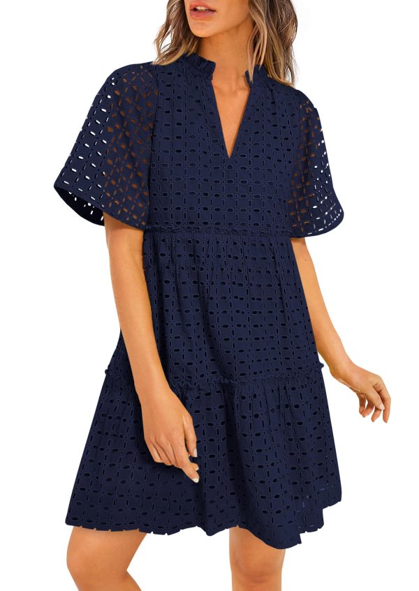 Summer Dresses for Women 2025 V Neck Hollow Out Eyelet Ruffle A Line Swing Short Beach Vacation Dress
