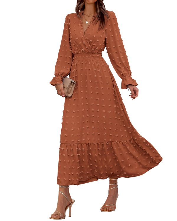 Women Spring Dresses 2025 Long Sleeve V Neck Swiss Dots Maxi Dress Boho Long Dress High Waisted A-Line Ruffle Dress