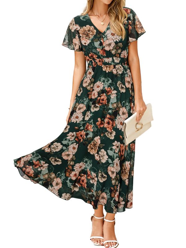 Simplee Womens Floral Maxi Dress - Short Sleeve Summer Boho Wedding Guest Dress Empire Waist Chiffon Modest Midi Dresses