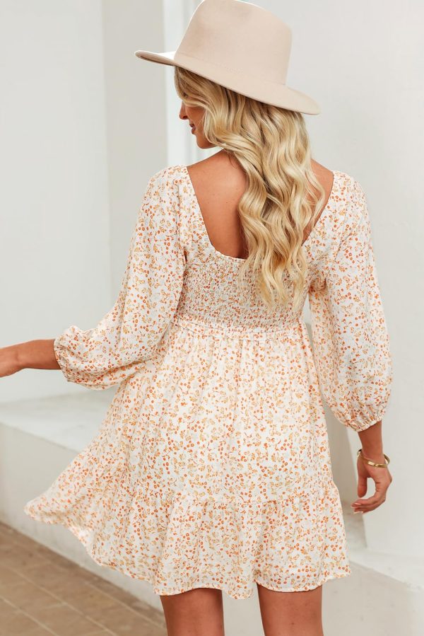Spring Dresses for Women 2025 Boho Floral Square Neck Smocked 3/4 Sleeve Casual A-Line Swing Mini Dress Sundress