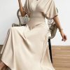 Women's V Neck Half Sleeve Ruched Cocktail Evening A Line Long Dress