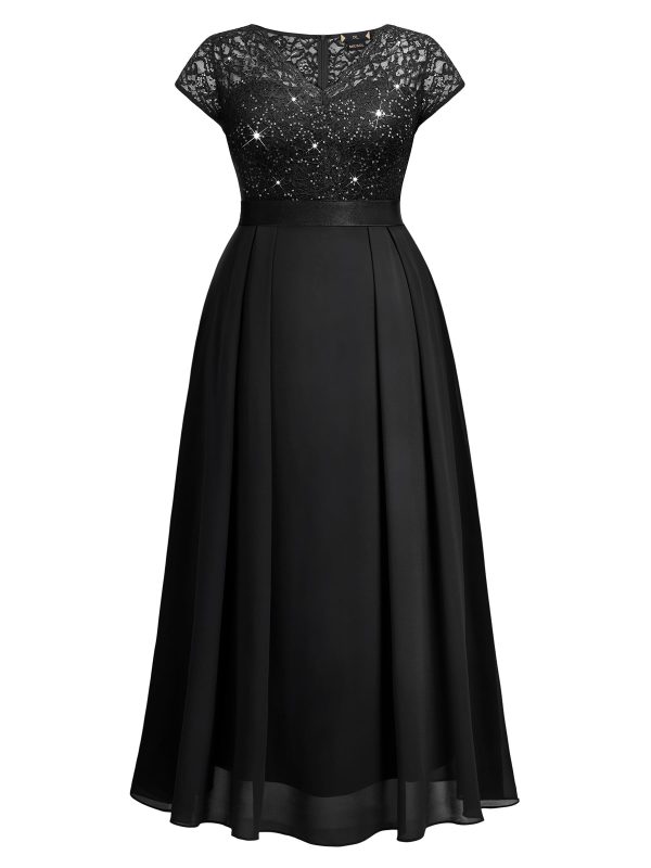 Women's Plus Size Sequin Floral Lace V Neck Formal Bridesmaid Evening Flowy Maxi Dress Black