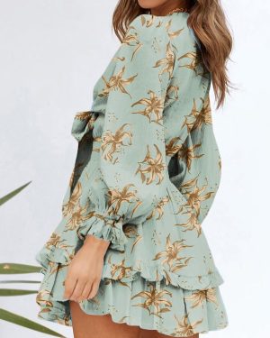 Womens Casual Spring Summer 2025 Deep V Neck Knotted Tiered Chiffon Elegant Mini Short Swing Skater Dresses