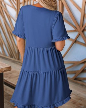 Womens Dresses 2025 Summer Spring V Neck Short Sleeve Casual A Line Flowy Swing Shift Dress Mini Dress