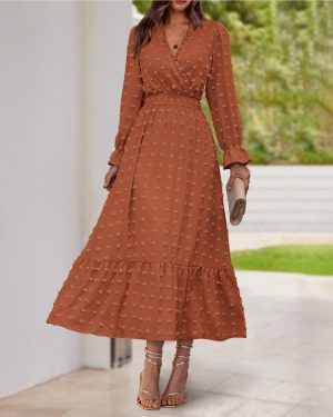 Women Spring Dresses 2025 Long Sleeve V Neck Swiss Dots Maxi Dress Boho Long Dress High Waisted A-Line Ruffle Dress