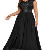 Women's Plus Size Elegant Lace Contrast Sequin V-Neck Floral Formal Evening Party Maxi Dress