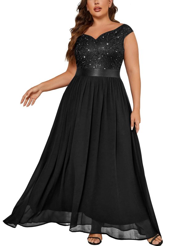 Women's Plus Size Elegant Lace Contrast Sequin V-Neck Floral Formal Evening Party Maxi Dress