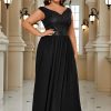 Women's Plus Size Elegant Lace Contrast Sequin V-Neck Floral Formal Evening Party Maxi Dress