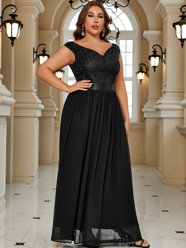 Women's Plus Size Elegant Lace Contrast Sequin V-Neck Floral Formal Evening Party Maxi Dress