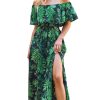 Women Ruffle Floral Maxi Summer Dress Off Shoulder Short Sleeve Backless Flounce Bodice Slit Hem Beach Dresses