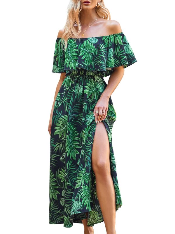 Women Ruffle Floral Maxi Summer Dress Off Shoulder Short Sleeve Backless Flounce Bodice Slit Hem Beach Dresses