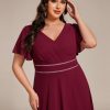 Women's V-Neck Chiffon Beading Short Ruffles Sleeves Maxi Plus Size Formal Evening Dresses