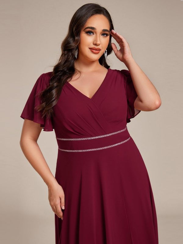 Women's V-Neck Chiffon Beading Short Ruffles Sleeves Maxi Plus Size Formal Evening Dresses