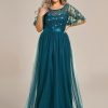 Women's Round Neck Short Sleeves Plus Size A-Line Tulle Sequin Formal Evening Dresses 0904-DA2