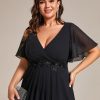Women's V Neck Pleated Chiffon Applique Ruffles Sleeves Maxi Plus Size Formal Wedding Guest Dresses
