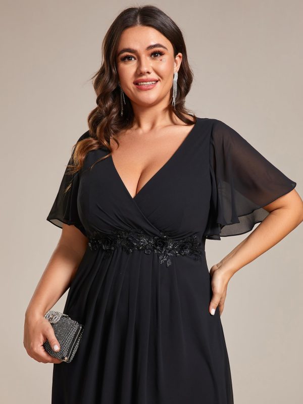 Women's V Neck Pleated Chiffon Applique Ruffles Sleeves Maxi Plus Size Formal Wedding Guest Dresses