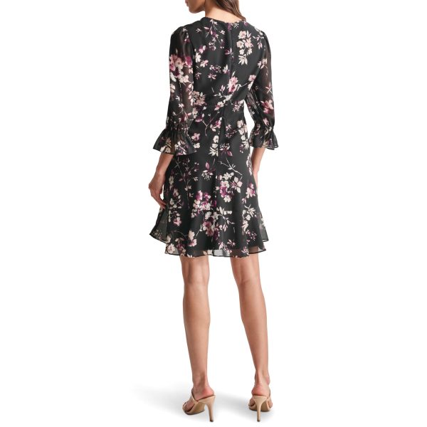 womens V-neck Balloon Sleeve Dress With Ruffle Hem