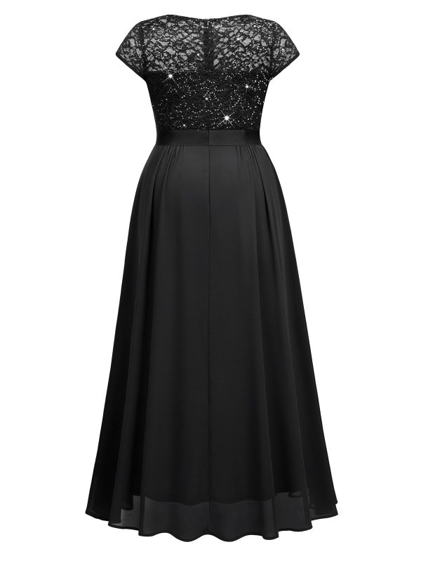 Women's Plus Size Sequin Floral Lace V Neck Formal Bridesmaid Evening Flowy Maxi Dress Black