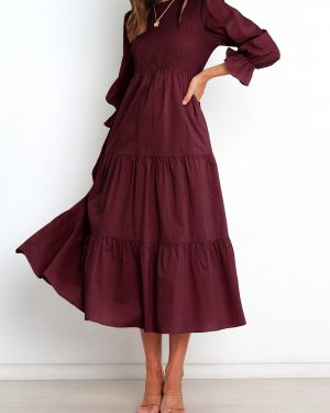 Women Casual Long Sleeve Crew Neck Fall Dress Bohemian Relaxed Fit Floral Flowy Maxi Dresses Tiered Cocktail Dress