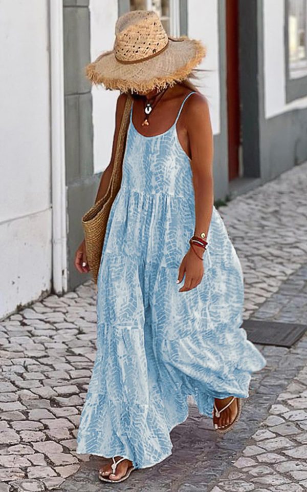 Women Summer Dresses 2025 Spaghetti Strap Scoop Neck Floral Maxi Dress Flowy Boho Long Sundress with Pockets