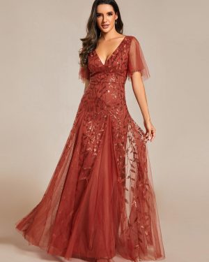 Women's Sequin Sparkly V-Neck Short Sleeve Maxi Evening Dress 00734