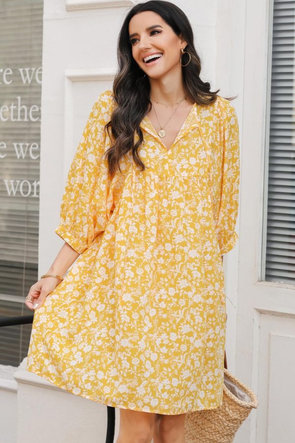 Womens Summer Dresses 2025 Boho Floral Drawstring V Neck Chiffon Lantern Sleeve Beach Vacation Mini Dress Sundress
