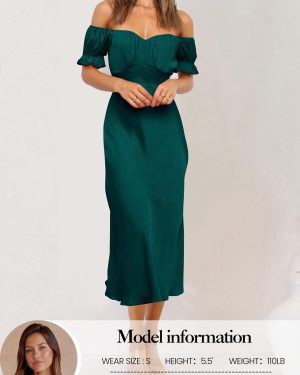 Women's 2025 Summer Satin Midi Dress Off The Shoulder Wrap Ruched Wedding Guest Party Cocktail Formal Prom Dresses