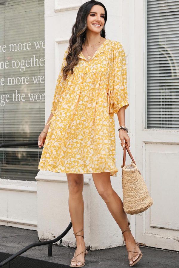 Womens Summer Dresses 2025 Boho Floral Drawstring V Neck Chiffon Lantern Sleeve Beach Vacation Mini Dress Sundress