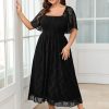 Women's Plus Size Wedding Guest Dress Formal Lace Square Neck Short Sleeve Smocked Flowy Cocktail Maxi Dresses