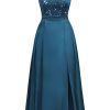 Women's Plus Size Sequin Lace Off Shoulder Satin Slit Formal Evening Party Maxi Dress