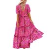 Summer Casual Bohemian Floral Dresses for Women Puff Short Sleeve Long Maxi Dress with Pockets ETX