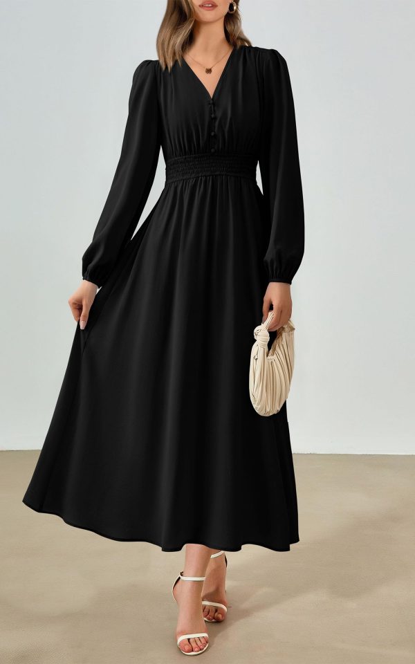 PRTTYGARDEN Womens Long Sleeve Maxi Dress 2025 Spring Trendy Elegant V Neck Flowy Wedding Guest Holiday Formal Long Dresses