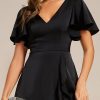 Women's V Neck Satin Short Sleeve A Line Hi-Lo Midi Asymmetry Hem Bridesmaid Dress 02318