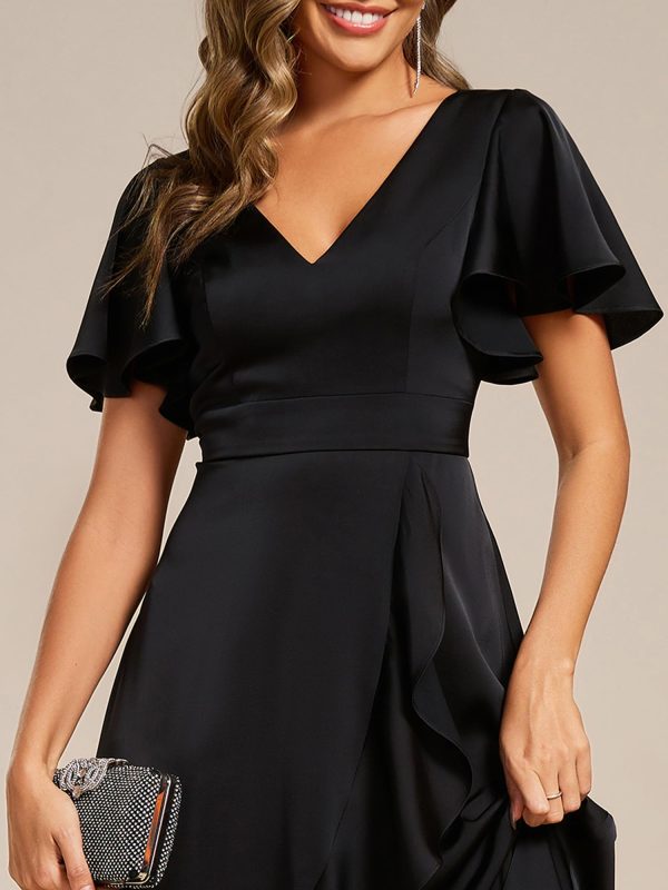 Women's V Neck Satin Short Sleeve A Line Hi-Lo Midi Asymmetry Hem Bridesmaid Dress 02318