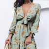 Womens Casual Spring Summer 2025 Deep V Neck Knotted Tiered Chiffon Elegant Mini Short Swing Skater Dresses