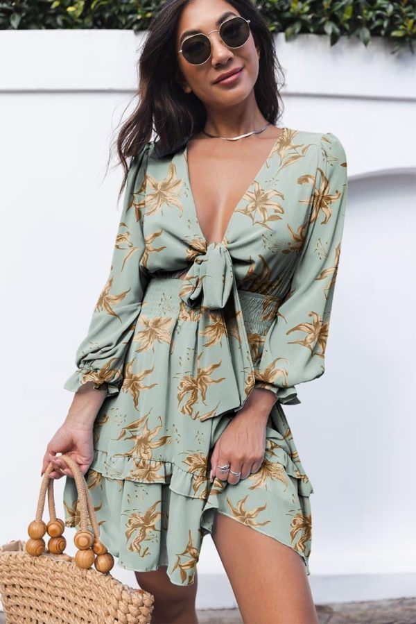 Womens Casual Spring Summer 2025 Deep V Neck Knotted Tiered Chiffon Elegant Mini Short Swing Skater Dresses