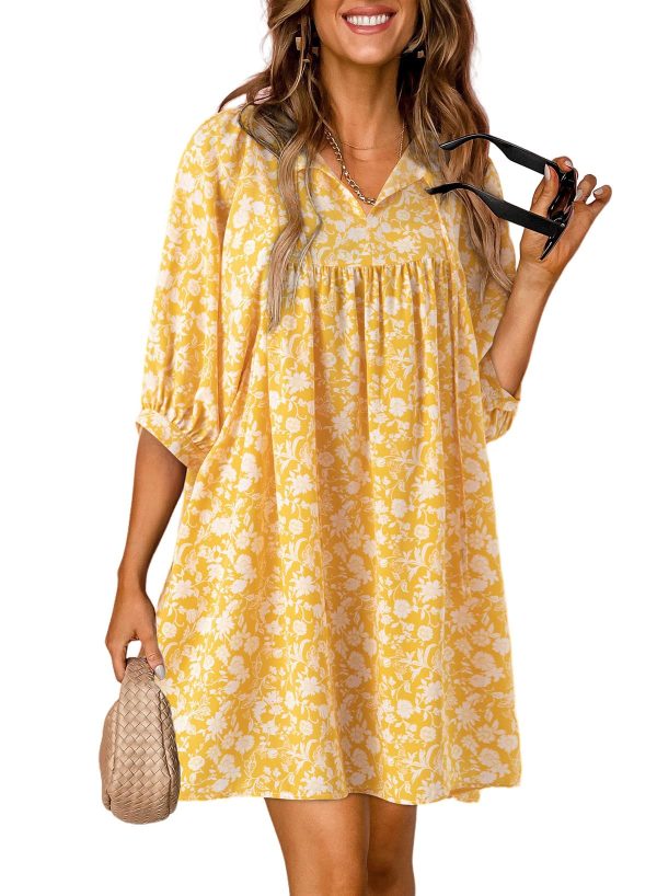 Womens Summer Dresses 2025 Boho Floral Drawstring V Neck Chiffon Lantern Sleeve Beach Vacation Mini Dress Sundress