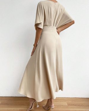 Women's V Neck Half Sleeve Ruched Cocktail Evening A Line Long Dress