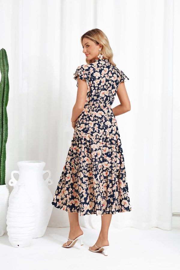 Womens Summer Floral Midi Dresses Short Sleeve Beach Wedding Guest Dress Drawstring Long Flowy Dress with Pockets