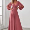 Women's V Neck Long Sleeves Floor Length Ruched Chiffon Formal Dress 00461