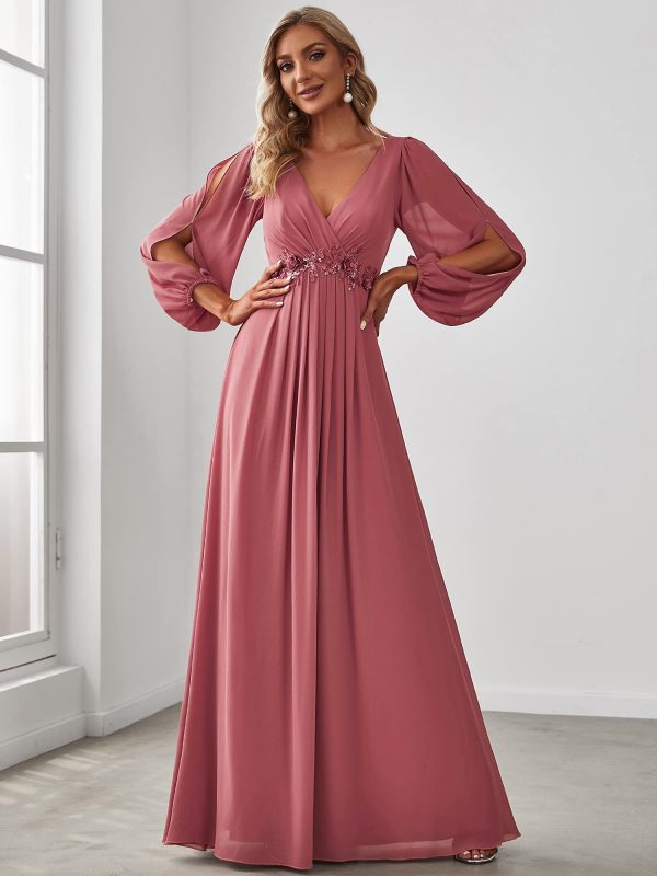 Women's V Neck Long Sleeves Floor Length Ruched Chiffon Formal Dress 00461