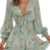 Womens Casual Spring Summer 2025 Deep V Neck Knotted Tiered Chiffon Elegant Mini Short Swing Skater Dresses