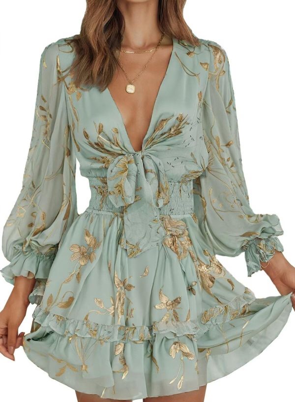 Womens Casual Spring Summer 2025 Deep V Neck Knotted Tiered Chiffon Elegant Mini Short Swing Skater Dresses