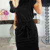 Women's Summer Short Sleeve Crewneck Striped Dress Basic Solid Tie Waist Office T Shirt Dresses Pockets