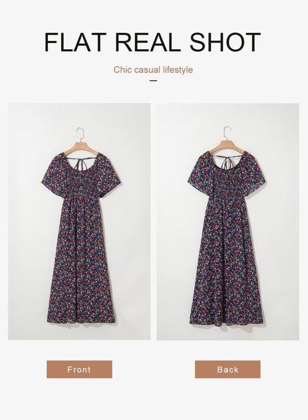 Womens Dresses 2025 Square Neck Tie Backless Summer Dresses Cap Sleeve Floral Buttoned Empire Waist Maxi Dress