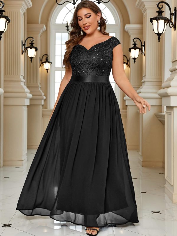 Women's Plus Size Elegant Lace Contrast Sequin V-Neck Floral Formal Evening Party Maxi Dress